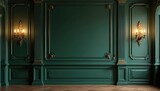 Luxurious green room interior with classic wall panels, golden accents. Features ornate sconces with warm lighting. Empty space perfect for product mockups, advertising, scene staging. Modern luxury