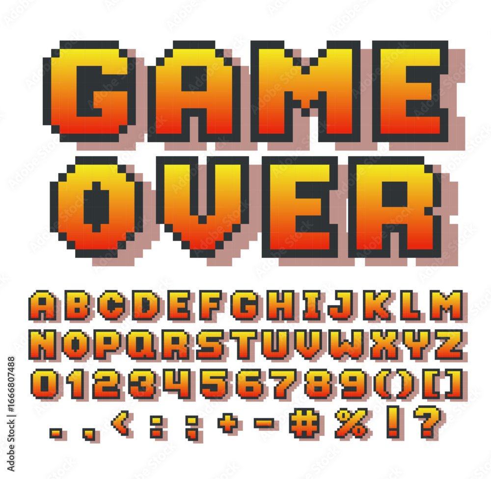 Pixel English alphabet with shadow, bitmap 8 bit letters, numbers and ...