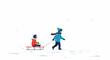 © NATALIA - One child pulls another child on a sled across a snowy landscape in winter.