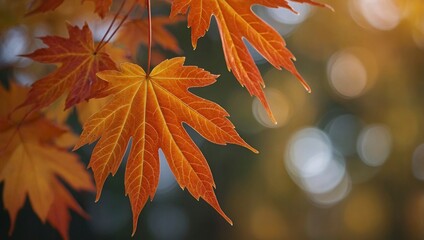 Wall Mural - Fall season foliage wallpaper background. Close-up of vibrant orange maple leaves against a blurred background of warm autumn colors.	