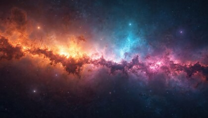 Wall Mural - Vast cosmic nebula glows in universe, featuring swirling gas, dust in orange, blue, pink hues. Celestial phenomena interstellar beauty, immensity with radiant light contrast against dark space.