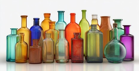Colorful glass bottles of various shapes and sizes