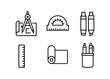 © Sasha - vector outline icons drawing compass (drafting table): blueprint protractor markers ruler paper roll pen case.