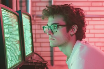 A young programmer intently focuses on lines of code displayed on dual computer monitors.
