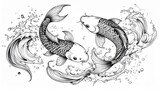 Two intricately drawn koi fish swimming among stylized waves, representing harmony, flow, and Eastern-inspired artistic expression in a monochrome ink style