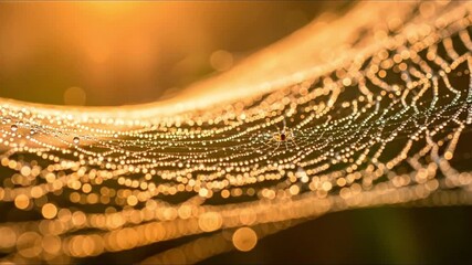 Dewcovered spiderweb with a spider in the center illuminated by golden light