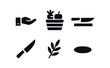 © Sasha - vector solid black filled icons farm to table concept (kitchen handoff): chef hand produce basket counter edge knife icon herb sprig shadow smear.