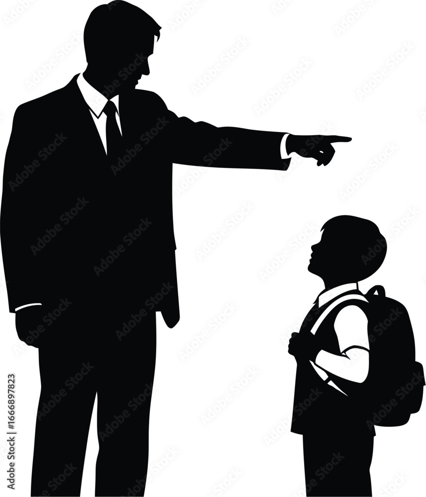 Vector art of a silhouette of a father pointing at his son, symbolizing ...
