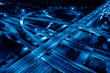 Expressway, Self-driving autonomous electric cars of the future with elements move along a busy traffic intersection. Artificial Intelligence, Car Scan, GPS Tracking, Smart Roads, IoT, highway