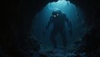 © Vadym - Gigantic monstrous creature lurks in abyssal cave darkness. Mysterious, terrifying entity with glowing eyes stands on cave floor. Underwater abyss setting with shadowy, ominous atmosphere. Features