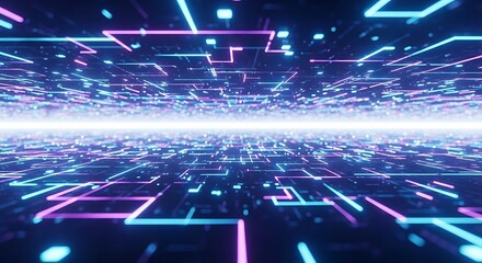 Abstract digital network of glowing neon lines and particles receding into a bright light