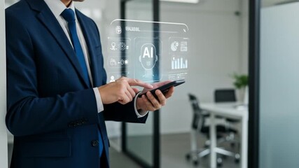 Professional businessman interacting with AI interface on smartphone, modern technology concept