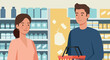 © DesignVectX - Young man and woman shopping in grocery store with shelves and products background