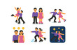 © Svetanych - vector colorful flat filled icons ice dancing (pair): elegant lift matching costumes glide smiles bright lights ice spray.