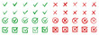 © dlyastokiv - Check tick mark icon set, hand drawn doodle red cross box x check mark green checkbox v, sketch marker checklist symbol right and wrong set - stock vector