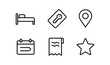 © Svetanych - vector outline icons business travel planning (hotel reservation): bed icon keycard location pin date range receipt review star.