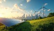 © Vadym - Renewable energy sources, solar panels, wind turbines, power city skyline under blue skies, sunlight. Green fields surround modern urban infrastructure, signifying sustainable future with clean
