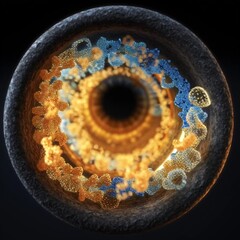 Wall Mural - Conceptual microscopic view inside a high-speed gas centrifuge, showing glowing gas separating: heavier blue isotopes move outward, lighter golden isotopes concentrate at the center.