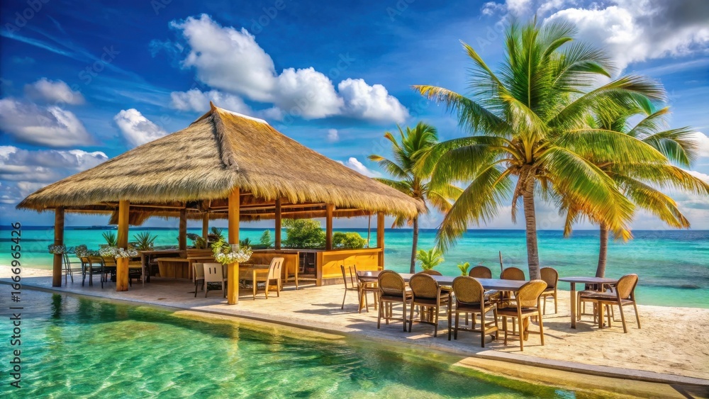 Tropical beach bar with thatched roof gazebo, inviting poolside seating ...
