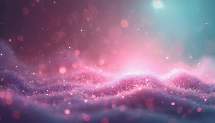 Wall Mural - Celestial gradient illustration in pink, teal hues with shimmering stardust, creating dreamy, ethereal atmosphere. Cosmic backdrop features soft bokeh lights, sense of infinite possibility. Perfect