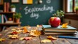 © Kanin - Teacher desk apple and books with autumn fallen leaves, scattered stationery, rustic classroom vibe, photo realistic clarity, high resolution, clear detail composition.