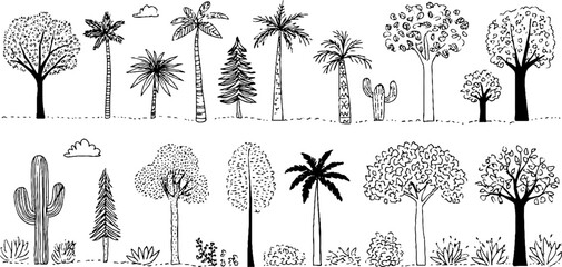 Set of hand drawn decorative tree doodles for design and art projects