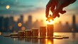 © Vadym - Financial growth concept with stacks of gold coins investment strategy. Hand places puzzle piece on top, representing success in stock market trading, capital building. City skyline in background at