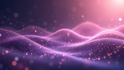 Wall Mural - Abstract Y2K digital stardust veil illustration. Flowing purple, pink waves feature glittering particles. Soft cosmic background with glowing light effects. Ideal for science, fantasy, space themes.