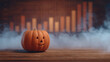 © Chaiwit - Halloween mystery primary, Halloween pumpkin mystery glows with primary light on wooden table surrounded by fog creating eerie atmosphere
