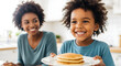 © Bayu Tri Nugroho - Happy family enjoying delicious pancakes together at home a perfect morning breakfast for kids and mom