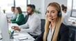 © Sumaiya - Smiling female customer service representative wearing a headset in a busy call center environment