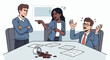 © ArtStock - Three diverse office workers in a heated argument at a meeting table with spilled coffee and documents