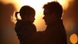 © YUANCEN - Father and daughter silhouette upper body portrait against sunset, warm golden hour backlight with soft bokeh background, family love and bonding concept