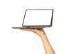 © HASAN - Hand holding an open laptop computer with blank screen graphic design isolated on a transparent background