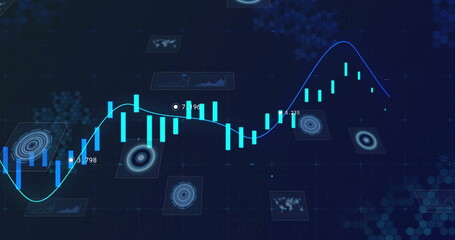 Wall Mural - Displaying glowing cyan candlestick bars and blue trend line on trading dashboard, with data panels