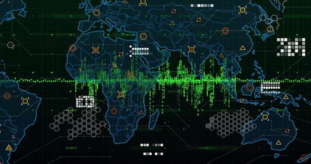 Wall Mural - displaying global data map showing green waveform on analytics screen, with hexagonal clusters