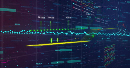 Wall Mural - Showing financial data on trading platform with turquoise scatter, bars, labels and percentages