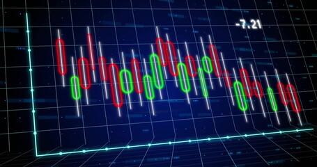 Wall Mural - Displaying 3D candlestick chart with red, green candles and white wicks on trading UI showing -7