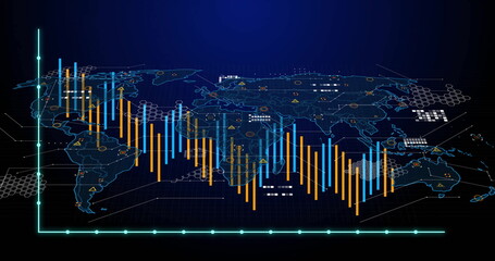 Wall Mural - displaying world map with orange, blue bar charts on dashboard, glowing grid and hexagonal overlays