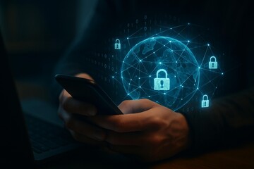 digital security network concept futuristic globe with padlocks and binary code in hand