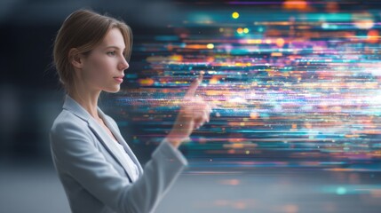 In a modern urban environment, a professional woman engages with a vibrant digital interface using her finger. Bright colors and light trails enhance the futuristic atmosphere.