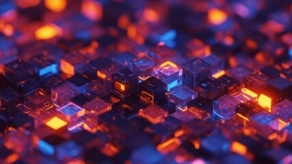 Abstract array of glowing cubes in blue and orange light creating a futuristic tech landscape
