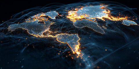 Global economy abstract map, glowing network lines