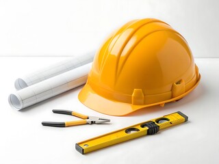 hard hat, blueprints, level and pliers isolated on white background, representing safety and plannin