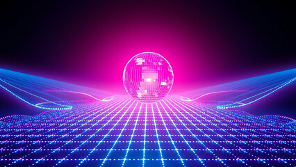 Wall Mural - Glowing Disco Ball Above Synthwave Grid Landscape