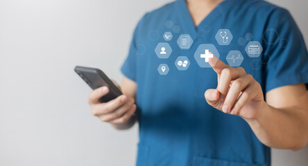close up specialist doctor man hand hold smartphone to use program of telemedicine with virtual icon of medical for modern an innovation of healthcare technology concept	