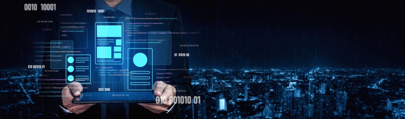 UI UX mockup showing application layout, structure, and code interface. UI design defines user flow, UI design improves clarity, UI design enhances experience, and UX design supports logic. Vouch