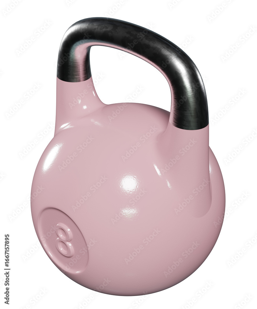 Olympic kettlebell, heavy cast iron powerlifting equipment with number 8, painted pink, isolated on white background. 3D illustration