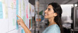 © fizkes - Young 30s Latina woman engaging in strategic and creative planning in modern office, focused as points to sticky note on large whiteboard or planning board filled with organized notes and documents