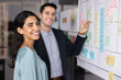 © fizkes - Businesswoman stands in foreground, colleague points at planning board covered in sticky notes and charts, smile, feel satisfied with effective teamwork, collaboration, strategic planning in office